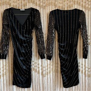 Holiday Black Gold Velvet Embellished Fringe Western Glam Sexy V Neck Glam Dress